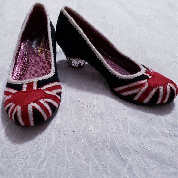 Irregular Choice Shoes - Irregular Choice Blue Red White Union Jack Kitten Heel Pumps